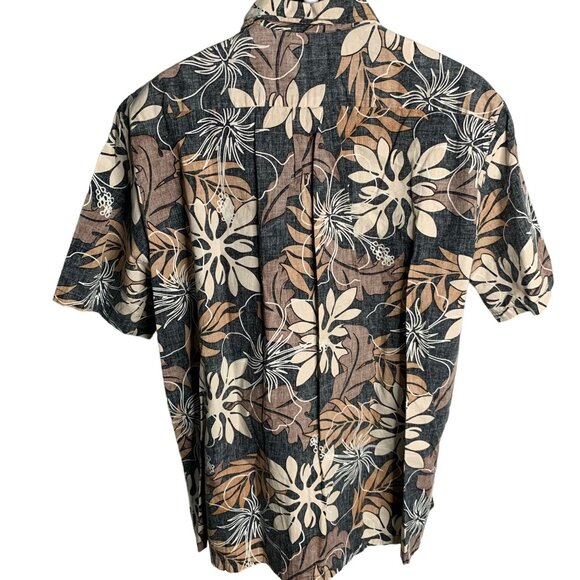 Vintage 90s Bishop St Reverse Print Hawaiian Shirt XL Black Floral Camp Pocket - Picture 4 of 6